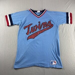 Vintage Sand Knit Minnesota Twins Jersey Adult M Blue Made in USA Baseball READ